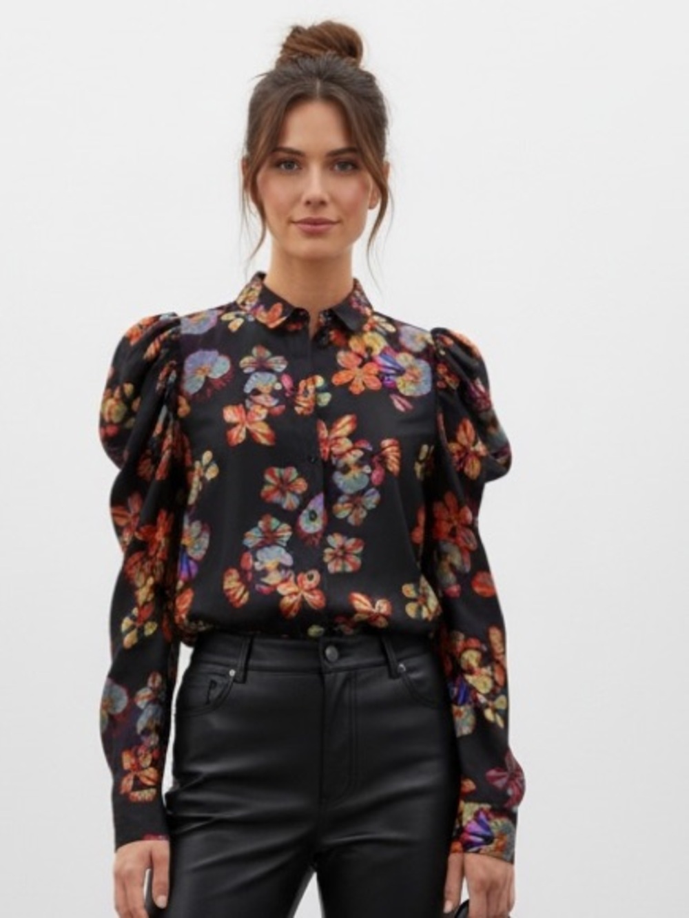 Ulla Johnson Black 100% Silk Puff Sleeve Blouse Botanical Floral Print Size 6